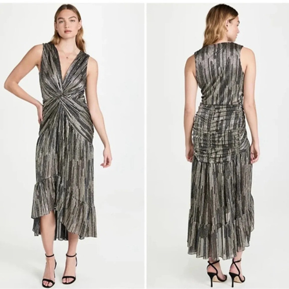 MISA Los Angeles Ava Metallic Plunge Neck High-Low Dress Size XL - Picture 1 of 12